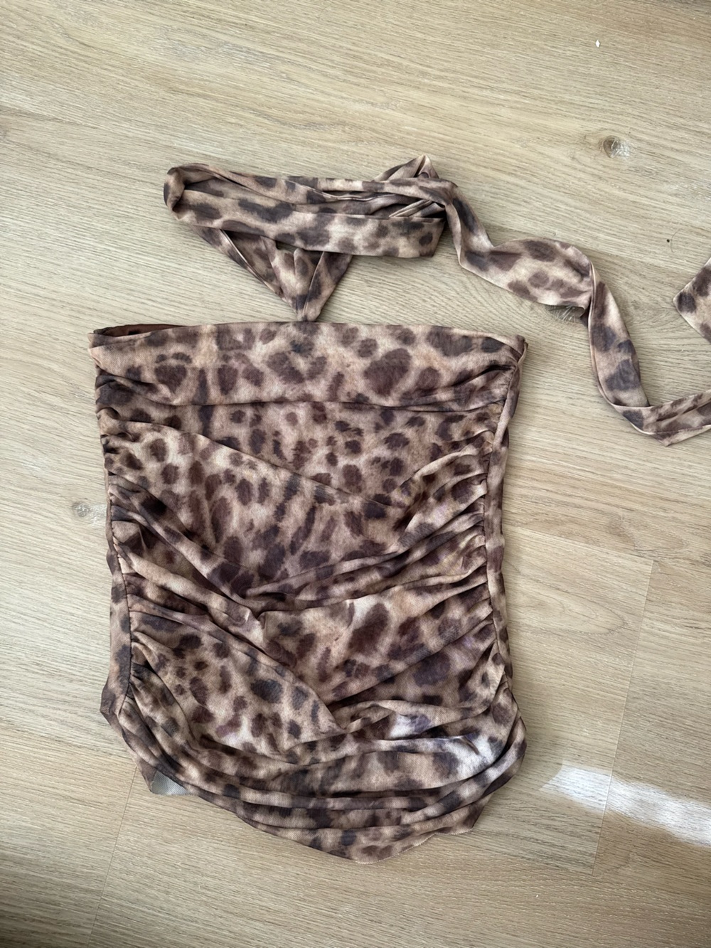Leopard Print Ruched Top w/ adjustable tie around neck